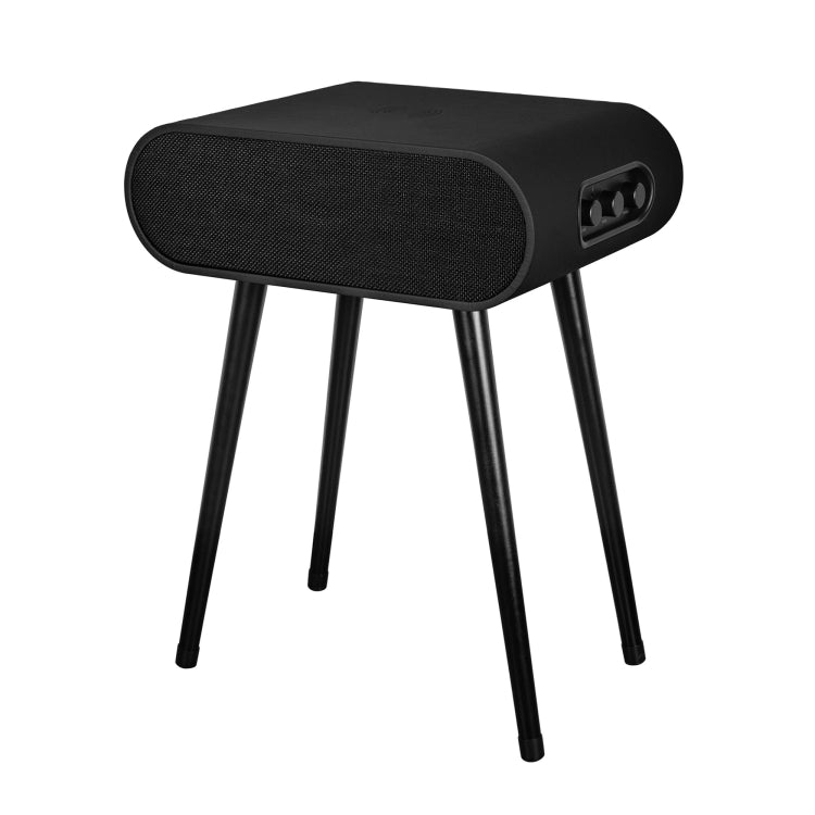 Introducing the MySound Jazz Speaker Side-Table by Home Office Space NZ: a stylish black side table with a rectangular top and rounded edges. It features four slender legs, a speaker mesh front panel, wireless charging, and control knobs for easy audio management.