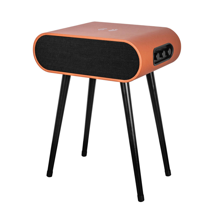 Introducing the MySound Jazz Speaker Table PRESALE (arrives December) by Home Office Space NZ: a modern, orange table with a black fabric front panel, designed in a retro style featuring four black legs. This minimalist speaker comes equipped with control buttons on the side and supports wireless device charging.