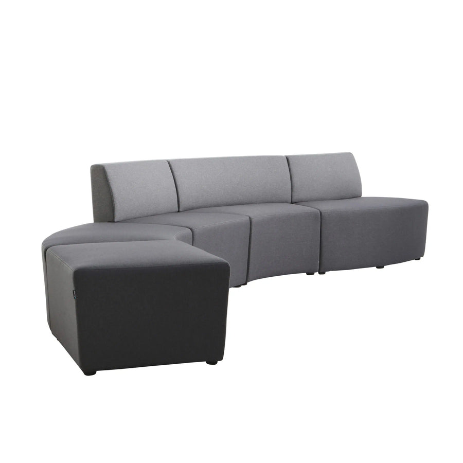 Introducing the Konfurb Arco Series by Home Office Space NZ, a modular grey sectional sofa with an elegant curved design, perfect for evolving work environments. This exceptional piece consists of individual sections that seamlessly connect to form a cohesive seating area. The two-tone grey upholstery provides a subtle contrast, enriching any space with its sophisticated charm.