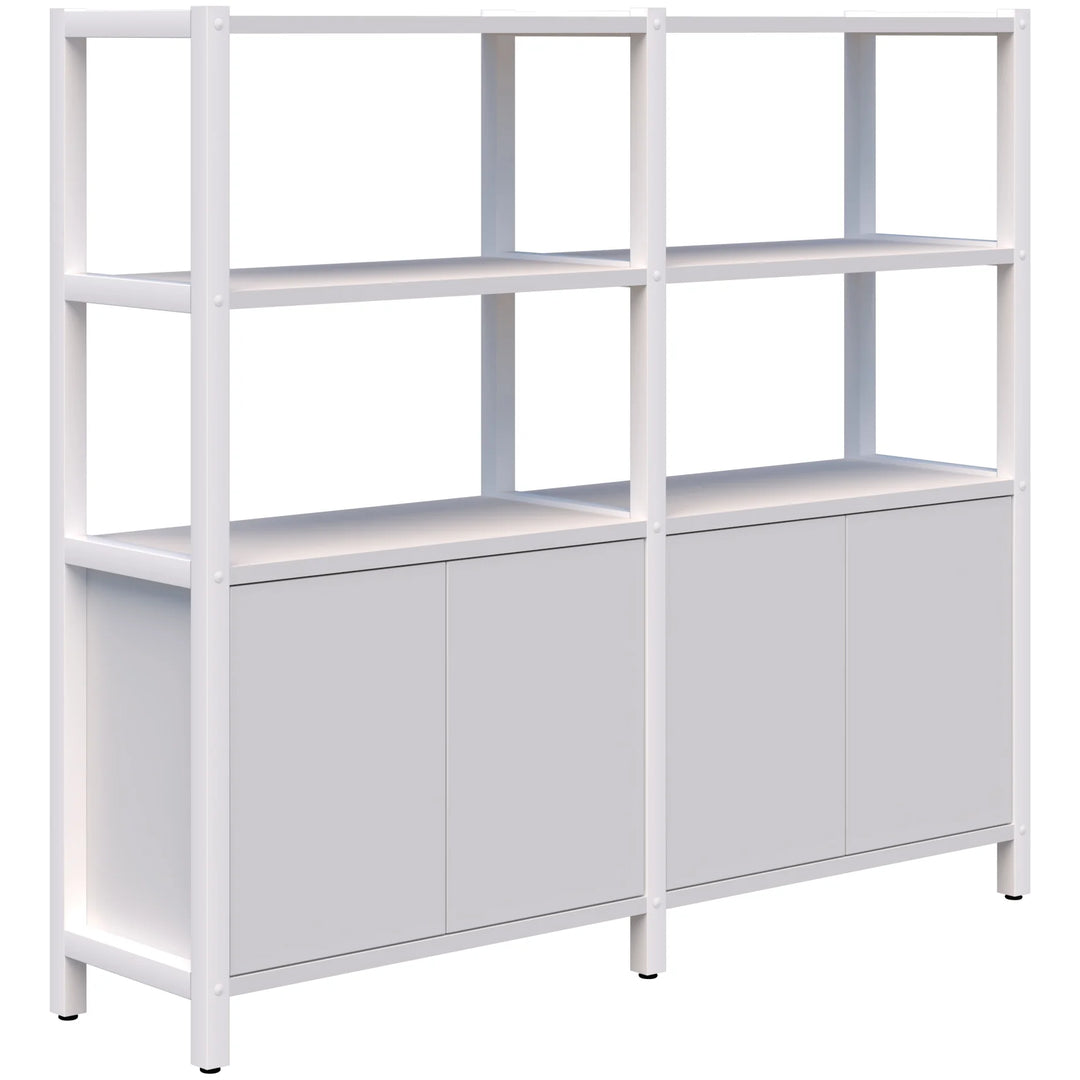 The Grid 40 Open Wall Storage Display by Home Office Space NZ is a versatile, white, minimalist shelving unit that offers customizable storage solutions with either 4, 5, or 6 tiers. Designed with an aluminum frame and featuring multiple horizontal shelves for plenty of storage and display space, this modern piece includes two cabinets at the bottom and open shelves above. Its simple design seamlessly complements various interiors.