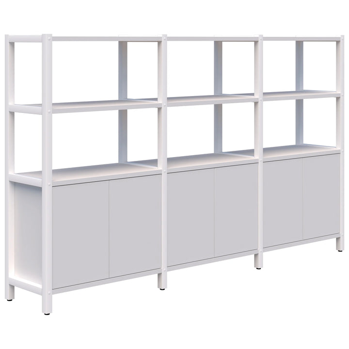 The Grid 40 Open Wall Storage Display by Home Office Space NZ is available in four, five, or six tiers. This versatile shelving unit features a modern white finish with a durable aluminum frame. Each tier includes a tall upper shelf and a shorter lower shelf, complemented by sleek, flat-door closed cabinets below the shelves. Standing on short legs, this minimalist design provides an ideal workspace solution.