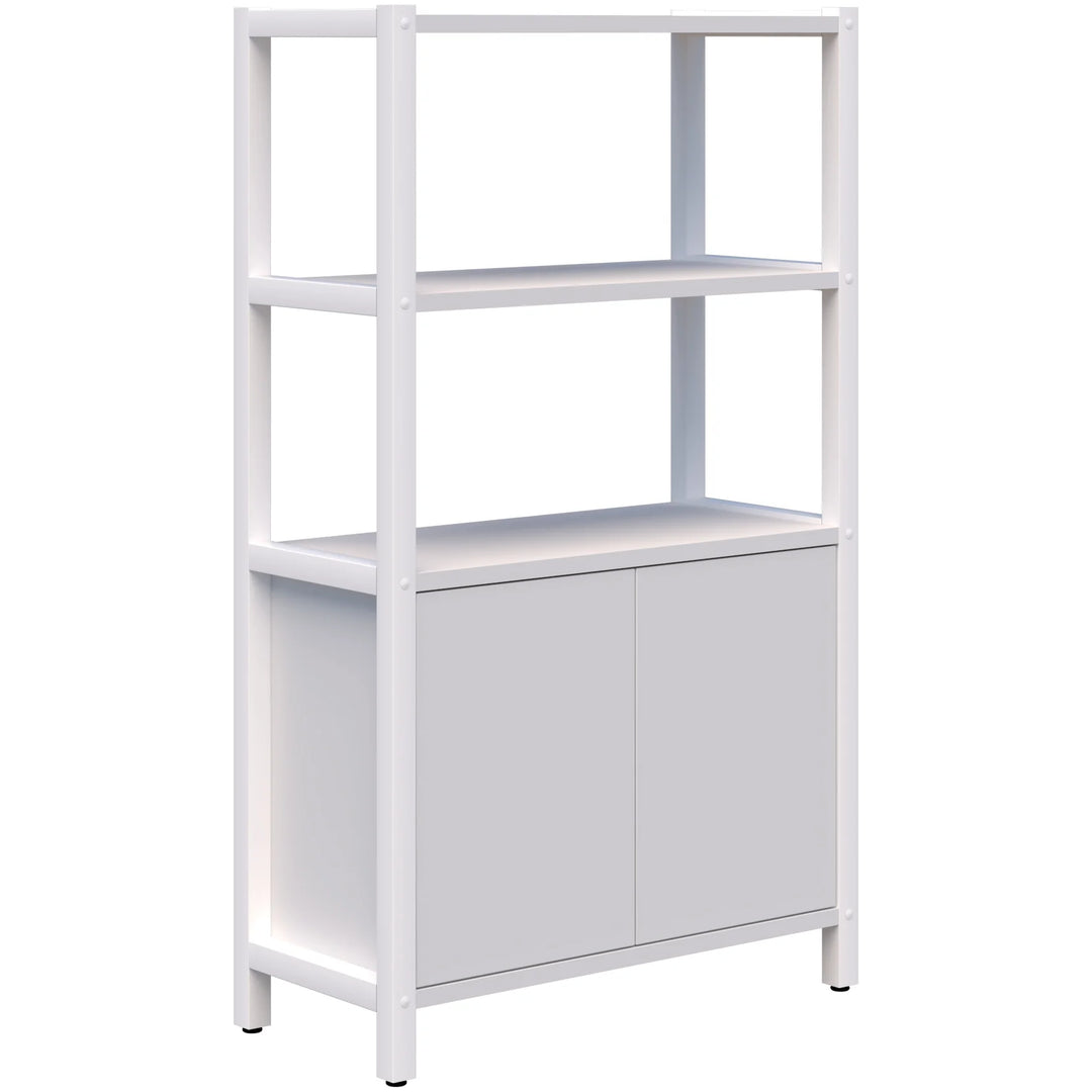 The Grid 40 Open Wall Storage Display from Home Office Space NZ is a customizable storage solution featuring four tiers of open shelves on the upper half and a closed cabinet with two doors on the lower half. With its durable aluminum frame and sleek design, this white shelving unit stands on small feet, making it an ideal addition to any workspace for both functionality and aesthetics.