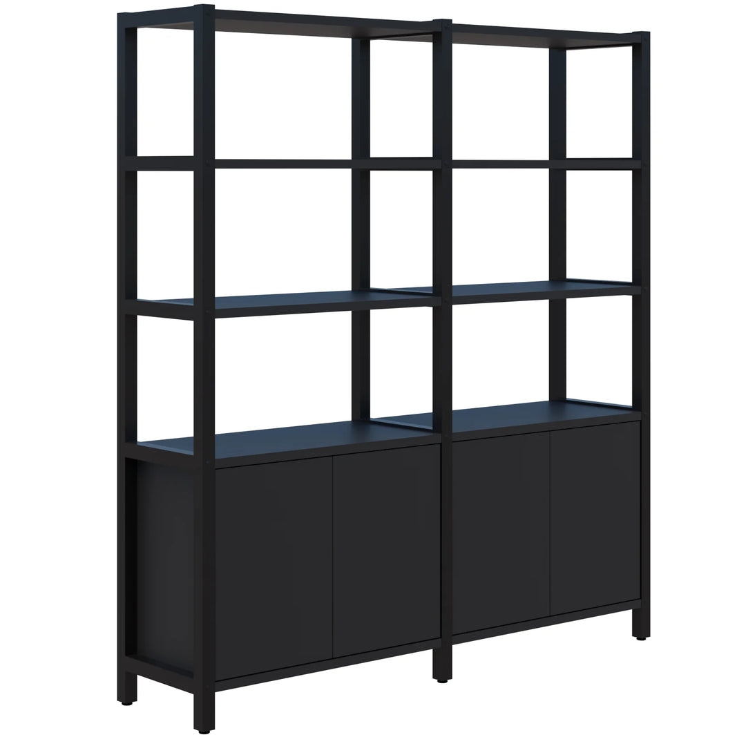 A modern black shelving unit by Home Office Space NZ, the Grid 40 Open Wall Storage Display (available in 4, 5, or 6 tiers) features two connected frames. Each frame provides three open shelves at the top and a two-door cabinet at the bottom. This minimalist and eco-friendly design offers ample storage and display space, making it an ideal solution for any workspace.