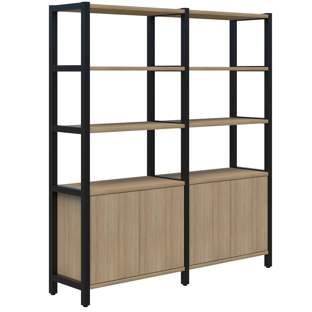 Introducing the Grid 40 Open Wall Storage Display by Home Office Space NZ, a modern shelving unit available in four, five, or six tiers. Perfect for a workspace solution, each section features three open wooden shelves supported by a sleek black metal frame. The bottom of each section includes a wooden cabinet with closed doors for customizable storage options.