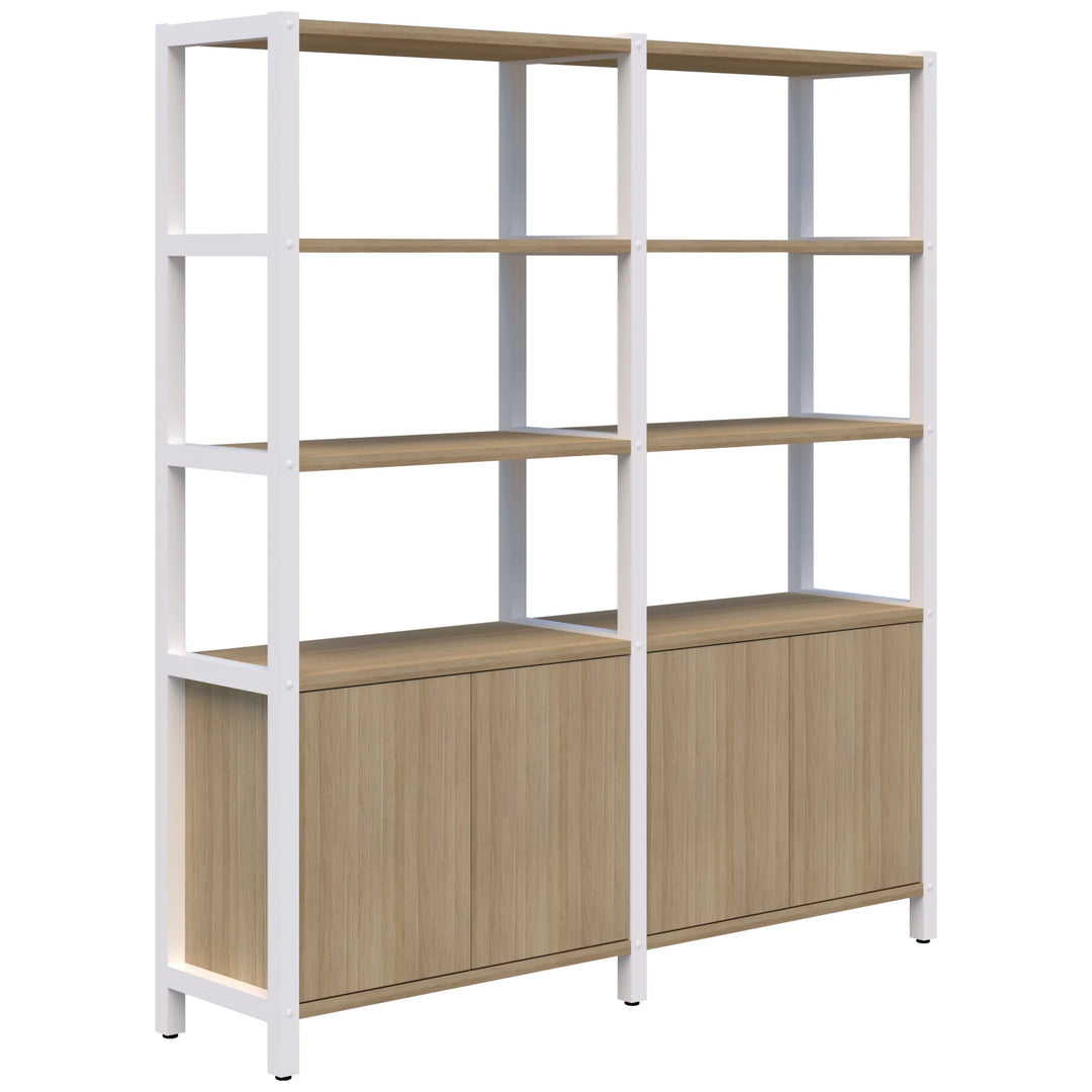 Introducing the Grid 40 Open Wall Storage Display by Home Office Space NZ, a versatile double-unit bookshelf with a modern design. It features a sleek white metal frame paired with light wood shelves. This eco-friendly shelving option includes two open shelves on top and one closed cabinet at the bottom for each section, offering both display and storage space. Available in 4, 5, or 6-tier configurations to suit your needs!