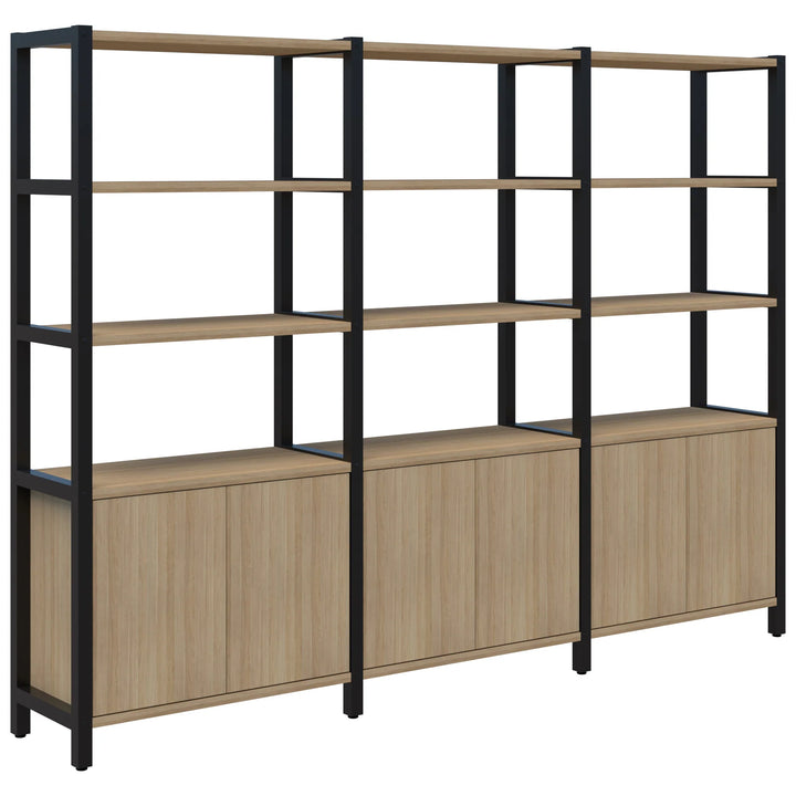 The Grid 40 Open Wall Storage Display from Home Office Space NZ is a large modular shelving unit with three interconnected sections. Each section features durable aluminum frames, wooden shelves, and wooden cabinets at the bottom, providing both open and closed storage options. This minimalist and modern design also serves as a customizable workspace solution.