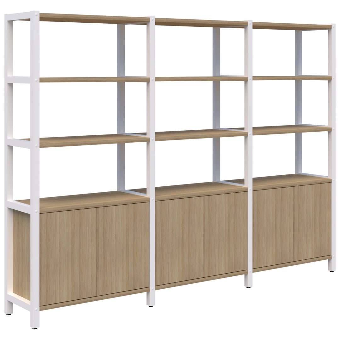 The Grid 40 Open Wall Storage Display by Home Office Space NZ features a large, modular shelving unit with a durable aluminum frame and wooden shelves. Structured with three columns, it offers three open shelves in each section at the top and three closed cabinets with wood doors at the bottom, providing a customizable storage solution perfect for any workspace. Available in 4, 5, or 6 tiers.