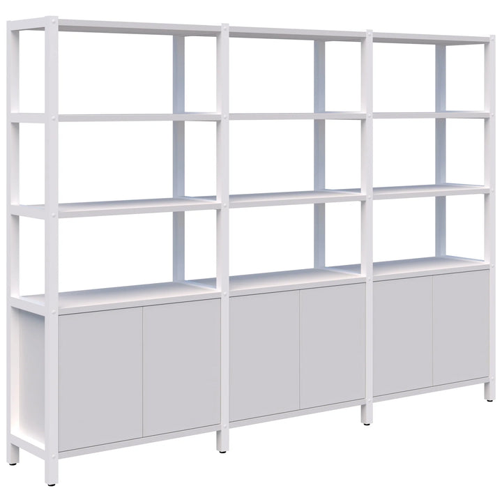 The Grid 40 Open Wall Storage Display by Home Office Space NZ is a modular shelving system available in four, five, or six tiers. It features a durable aluminum frame with a white and light gray finish. The units include multiple open shelves along with lower cabinet sections, each equipped with two doors for both display and concealed storage space. Its clean, minimalist design makes it an ideal workspace solution.