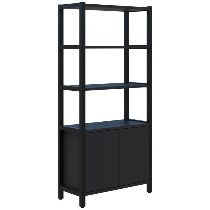 The *Grid 40 Open Wall Storage Display* by *Home Office Space NZ* is a modern, black metal shelving unit featuring four open shelves on top and a two-door cabinet on the bottom. With its sleek and minimalist design, this eco-friendly shelving option is perfect for storage and display in various settings.