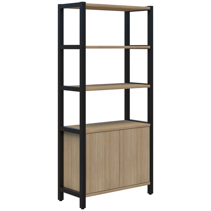 The Grid 40 Open Wall Storage Display (4, 5 or 6 tier) by Home Office Space NZ features tall, modern open shelving with three wooden shelves and a lower cabinet. Its durable aluminum frame contrasts beautifully with the light wood finish of the shelves and cabinet. This workspace solution is both minimalistic and functional, providing customizable storage options suitable for any setting.