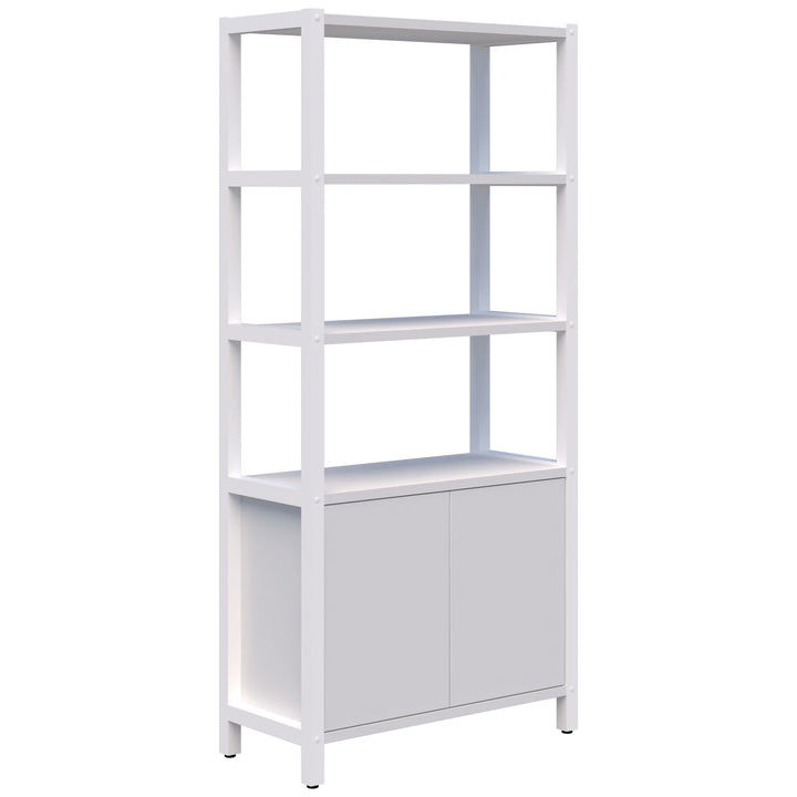 The Grid 40 Open Wall Storage Display by Home Office Space NZ is available in 4, 5, or 6 tiers. This white, customizable shelving unit features open shelves and a two-door cabinet at the bottom, offering a minimalist design with clean lines. It provides ample space for various items and is perfect for an eco-friendly workspace.