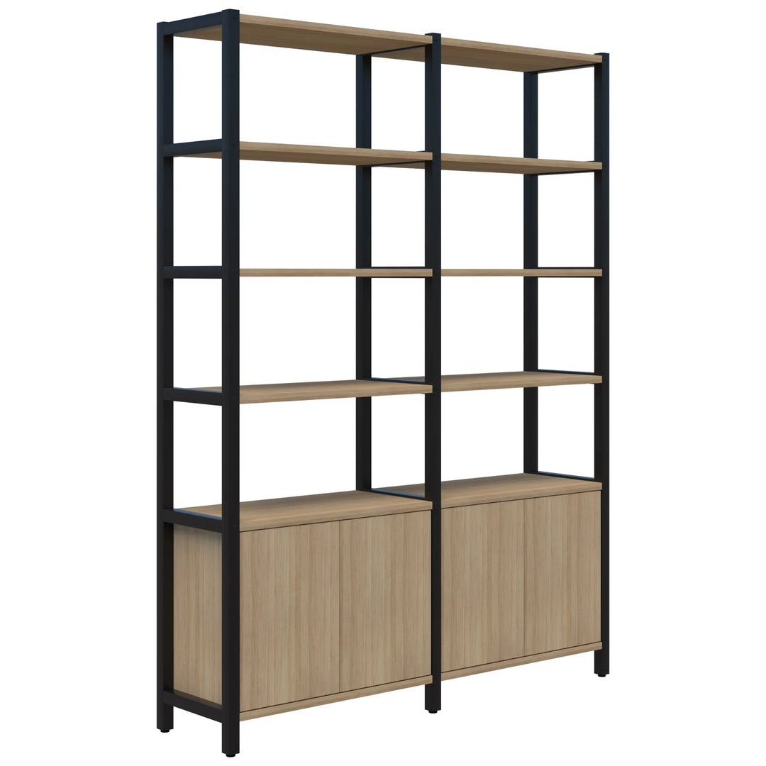 The Grid 40 Open Wall Storage Display by Home Office Space NZ is a modern, eco-friendly dual-section shelving unit. It features a sleek black frame and wooden shelves, with four open shelves per section for display and closed cabinets at the bottom of each section for additional storage. Available in 4, 5 or 6 tier options.