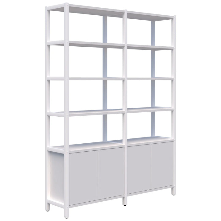 The Grid 40 Open Wall Storage Display by Home Office Space NZ is a tall, white, double-sided shelving unit with a durable aluminum frame. It features multiple open shelves on the upper part and closed cabinets at the bottom. The design is minimalistic and modern, offering a customizable storage solution ideal for organizing books, decor, or other items. Available in 4, 5, or 6 tiers.