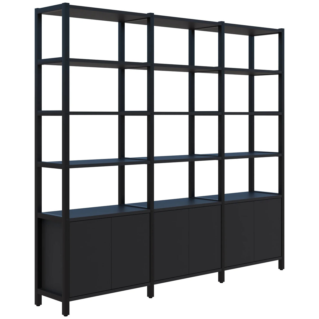 Introducing the Grid 40 Open Wall Storage Display by Home Office Space NZ, a sleek, modern workspace solution that is perfect for any setting. This large freestanding shelving unit features a durable aluminum frame and three columns, each with five customizable shelves. The bottom row of each column includes closed cabinet doors, offering ample storage space in a sophisticated black design.