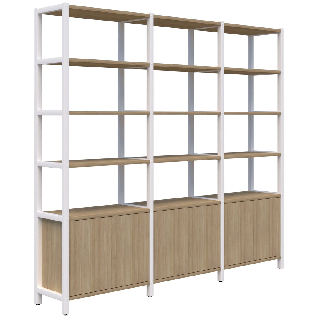 Introducing the Home Office Space NZ Grid 40 Open Wall Storage Display, available in four, five, or six tiers. This modern storage solution features durable aluminum frames and light wooden finishes for an elegant workspace aesthetic. The unit includes six open wooden shelves and three bottom cabinets, providing both open and closed storage options in a minimalist design.