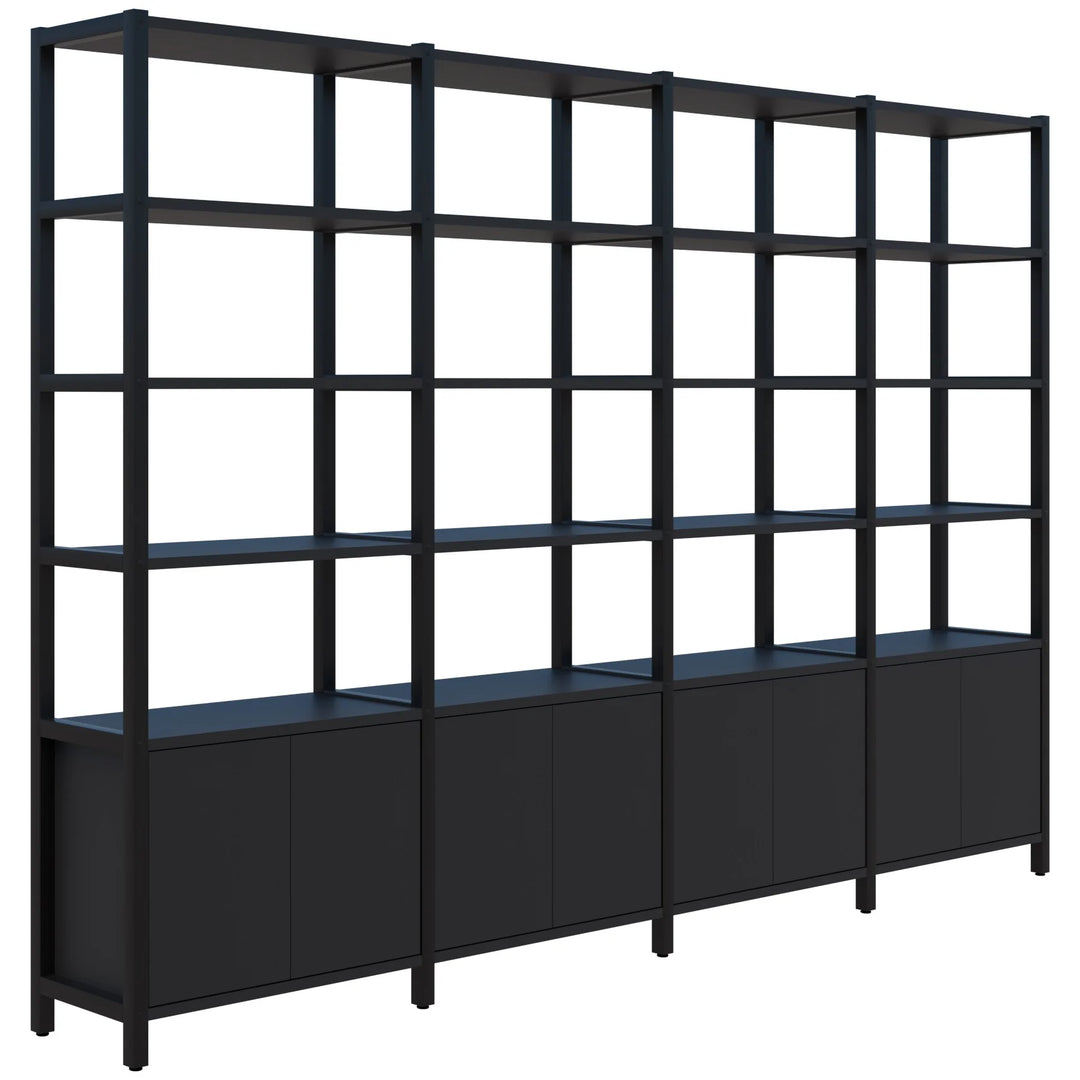 The Grid 40 Open Wall Storage Display by Home Office Space NZ is a modern black open bookshelf featuring four vertical sections. Each section includes three shelves on the upper half and two closed cabinet doors on the lower half. The design is minimalistic and sleek, providing a customizable storage solution ideal for contemporary interior spaces. Available in 4, 5, or 6 tiers.