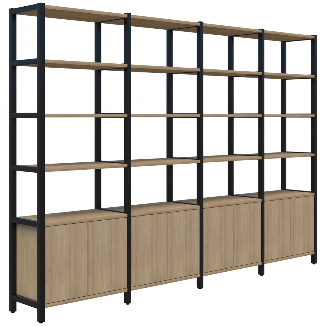 Introducing the Grid 40 Open Wall Storage Display by Home Office Space NZ, available in four, five, or six tiers. Each stylish and industrial-style unit features black metal frames and wooden shelves, with two-door wooden cabinets at the lower section for customizable storage. This modern shelving solution is perfect for creating an eco-friendly workspace setup.