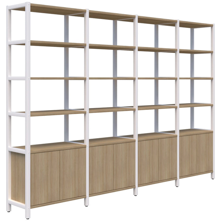 The Grid 40 Open Wall Storage Display by Home Office Space NZ, available in 4, 5, or 6 tiers, features a white metal frame and wooden shelves. This eco-friendly shelving unit provides multiple open shelves above and three closed cabinets below, combining storage and display space in a modern, minimalist design that is an ideal workspace solution.