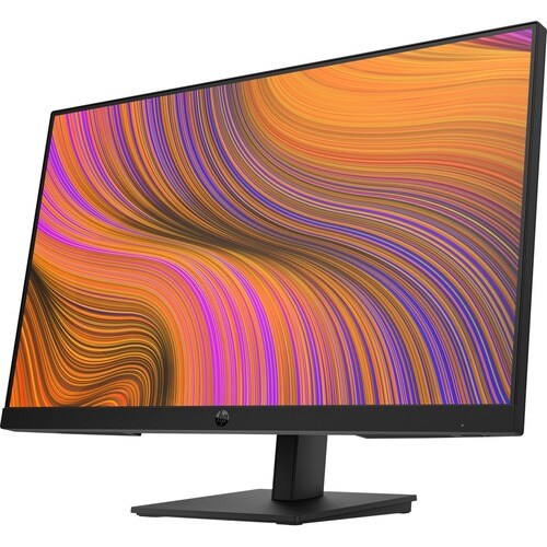 A Home Office Space NZ HP P24h 23.8 Inch Full HD LCD Monitor with a slim, black bezel is displayed. The screen showcases an abstract, vibrant pattern featuring swirling waves of orange, pink, and purple hues. Perfect for hybrid work, the monitor also features built-in audio and is mounted on a rectangular stand with a minimalist design.