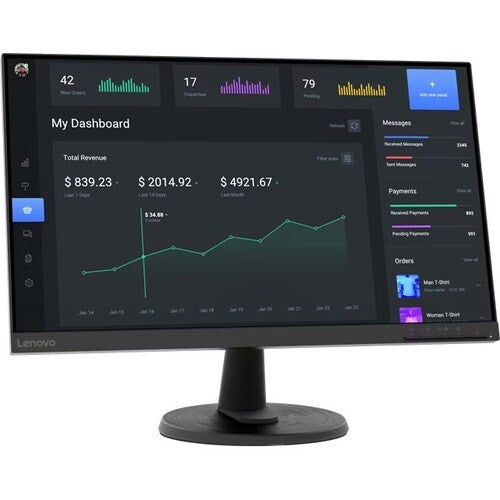 A Home Office Space NZ Lenovo 23.8 Inch Full HD LCD Monitor showcasing a dashboard interface with metrics such as total revenue, messages, payments, and orders on its screen. The dark-themed background highlights various charts, graphs, and numerical data in different sections.