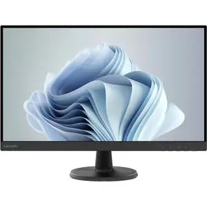 A Home Office Space NZ Lenovo 27 Inch HD LED Monitor with a black frame and stand displays a digital abstract image of folded paper in shades of blue and white. This Full-HD VA monitor boasts an impressive 4 ms response time for smooth visuals.