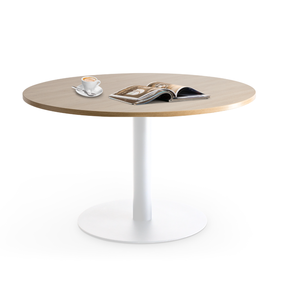 The Lunar 1200 Meeting Table from Home Office Space NZ is a round wooden meeting table featuring a durable melamine top and a single white metal pedestal base. On the table, an open magazine and a white saucer with an espresso cup are placed. The minimalistic scene, set against a plain white background, perfectly complements any Home Office Space.