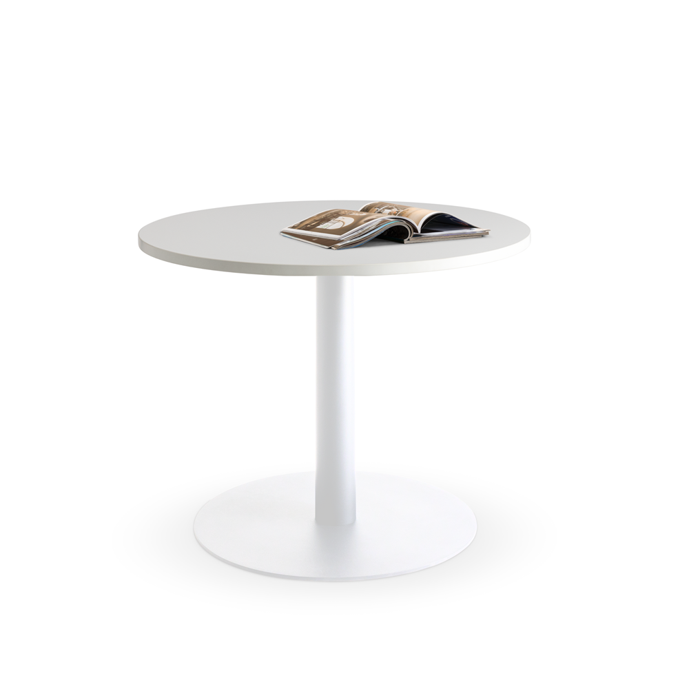 A small, round Lunar 900 Meeting Table by Home Office Space NZ with a single pedestal base. An open magazine is placed on the tabletop, showcasing pages with images and text. This durable design is set against a plain white background.