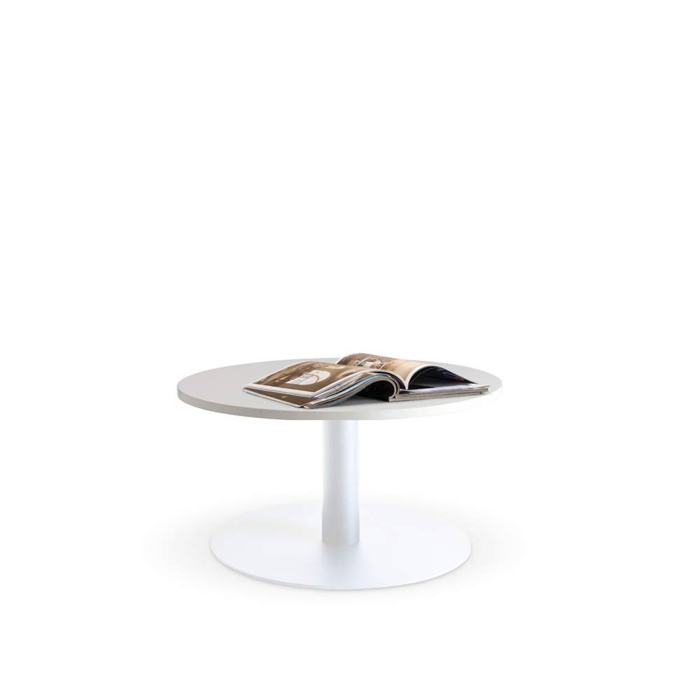 A round, white Lunar 600 Coffee Table from Home Office Space NZ with a glossy, durable melamine top stands against a plain white background. An open magazine with visible text and images is placed on the table, adding a touch of minimalistic decor.