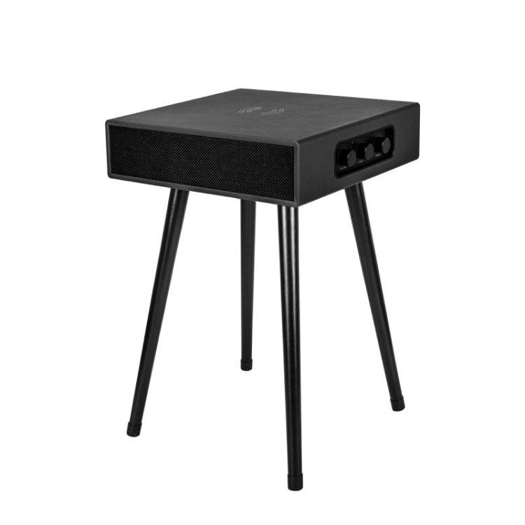 A sleek, black side table from Home Office Space NZ features four slim legs and a rectangular top. One side integrates the MySound Blues Speaker Table PRESALE (arrives December) with control knobs, harmoniously combining technology with contemporary furniture design. This modern piece also includes wireless device charging capabilities for added convenience.