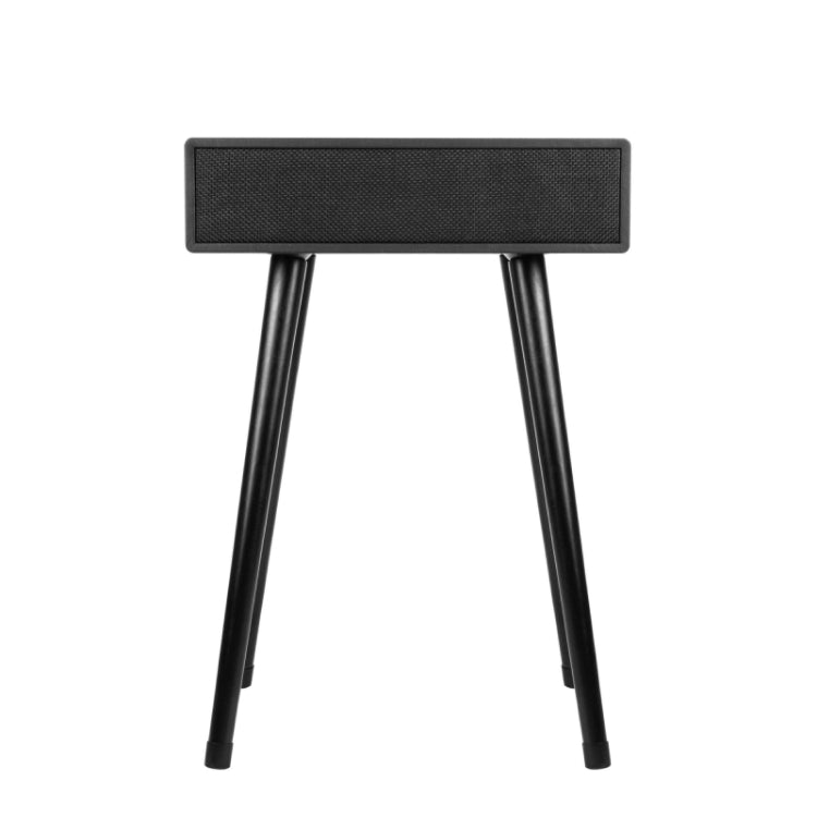 The MySound Blues Bluetooth Speaker Side-Table by Home Office Space NZ is a modern, minimalist black table with four slender legs. It features an integrated speaker as the tabletop and offers sleek wireless device charging, shown against a plain white background.