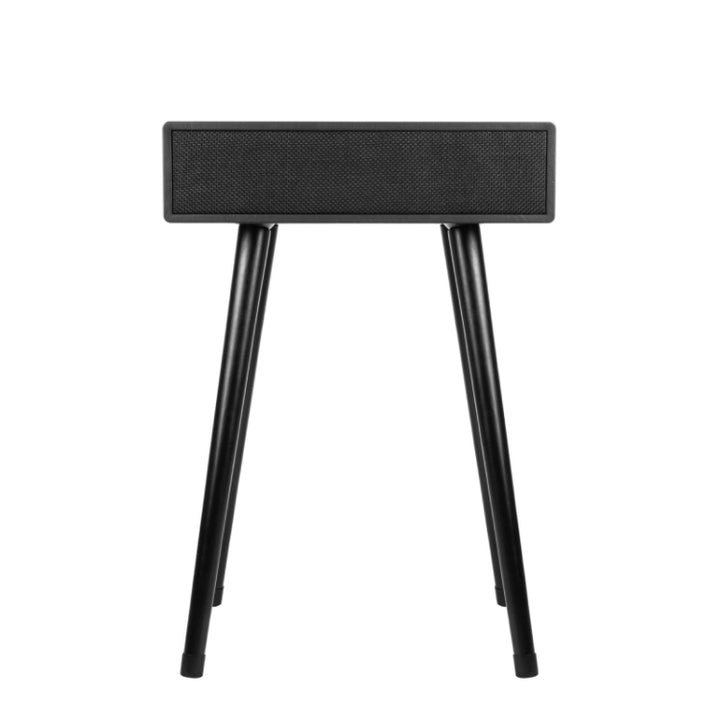 The MySound Blues Bluetooth Speaker Side-Table by Home Office Space NZ is a modern, minimalist black table with four slender legs. It features an integrated speaker as the tabletop and offers sleek wireless device charging, shown against a plain white background.