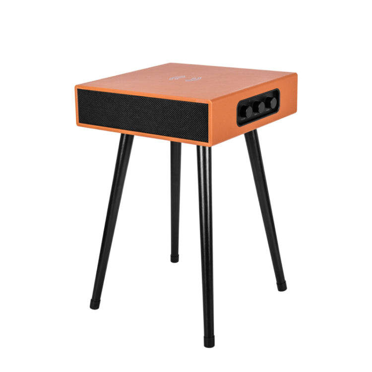 The MySound Blues Bluetooth Speaker Side-Table by Home Office Space NZ is an orange, box-shaped speaker on black angled legs. It features a mesh front and side control panel with three knobs, merging integrated sound system capabilities with small table aesthetics.