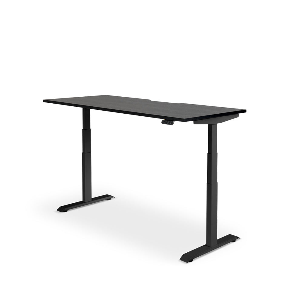 Rise electric height-adjustable standing desk with USB charging port. Sleek design, black frame and black top.