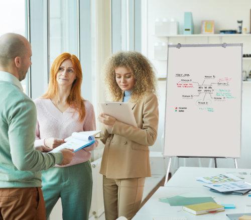 Three colleagues are gathered in an office. One man and two women are having a discussion; one woman is holding a clipboard, while the man holds papers. Behind them is a Litewyte Mobile Flip Chart 600 x 900 by Home Office Space NZ with a Magnetic Surface displaying a diagram. The office has large windows and a bright atmosphere.