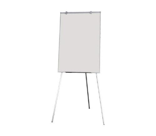 The Litewyte Mobile Flip Chart 600 x 900 from Home Office Space NZ features a blank flip chart on an adjustable lightweight tripod stand with a magnetic surface and a silver frame. It includes metal clips at the top for holding paper sheets, and its three metallic legs include one extending backward for stability.